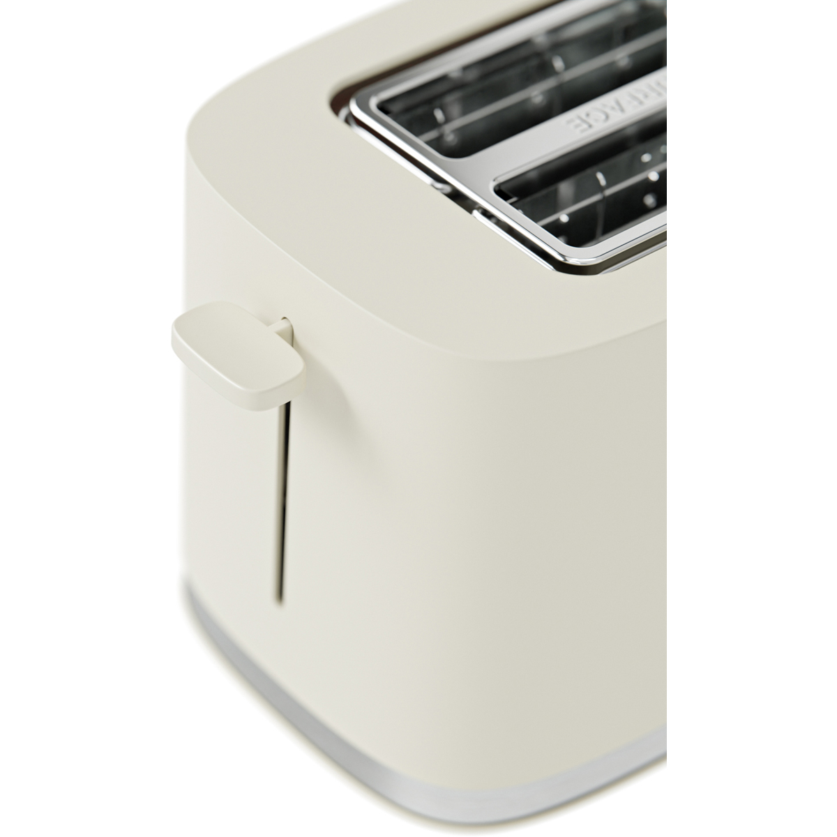 A cream-colored toaster with silver slots and a lever.