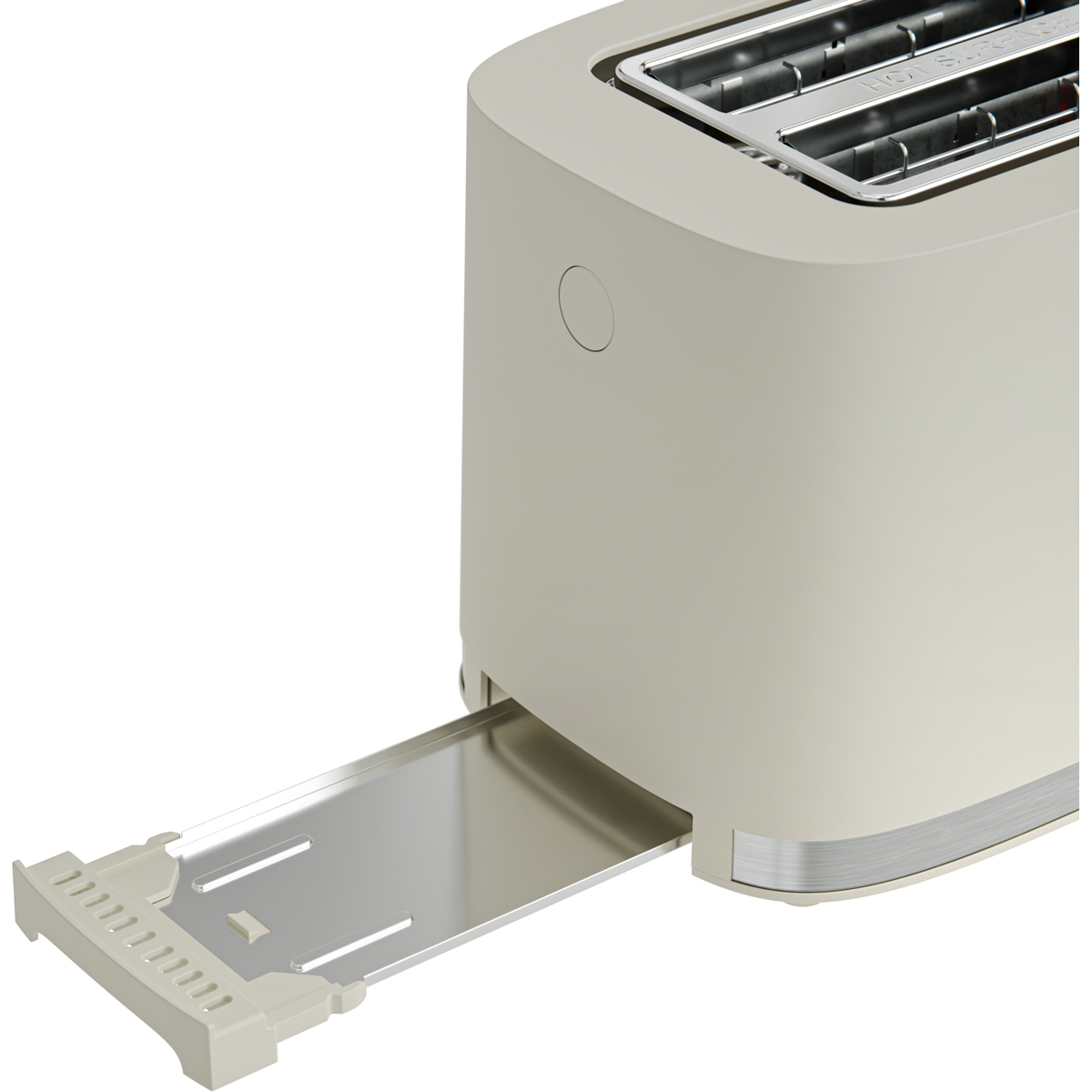 A cream-colored toaster with an extended crumb tray and chrome accents. Slots visible.