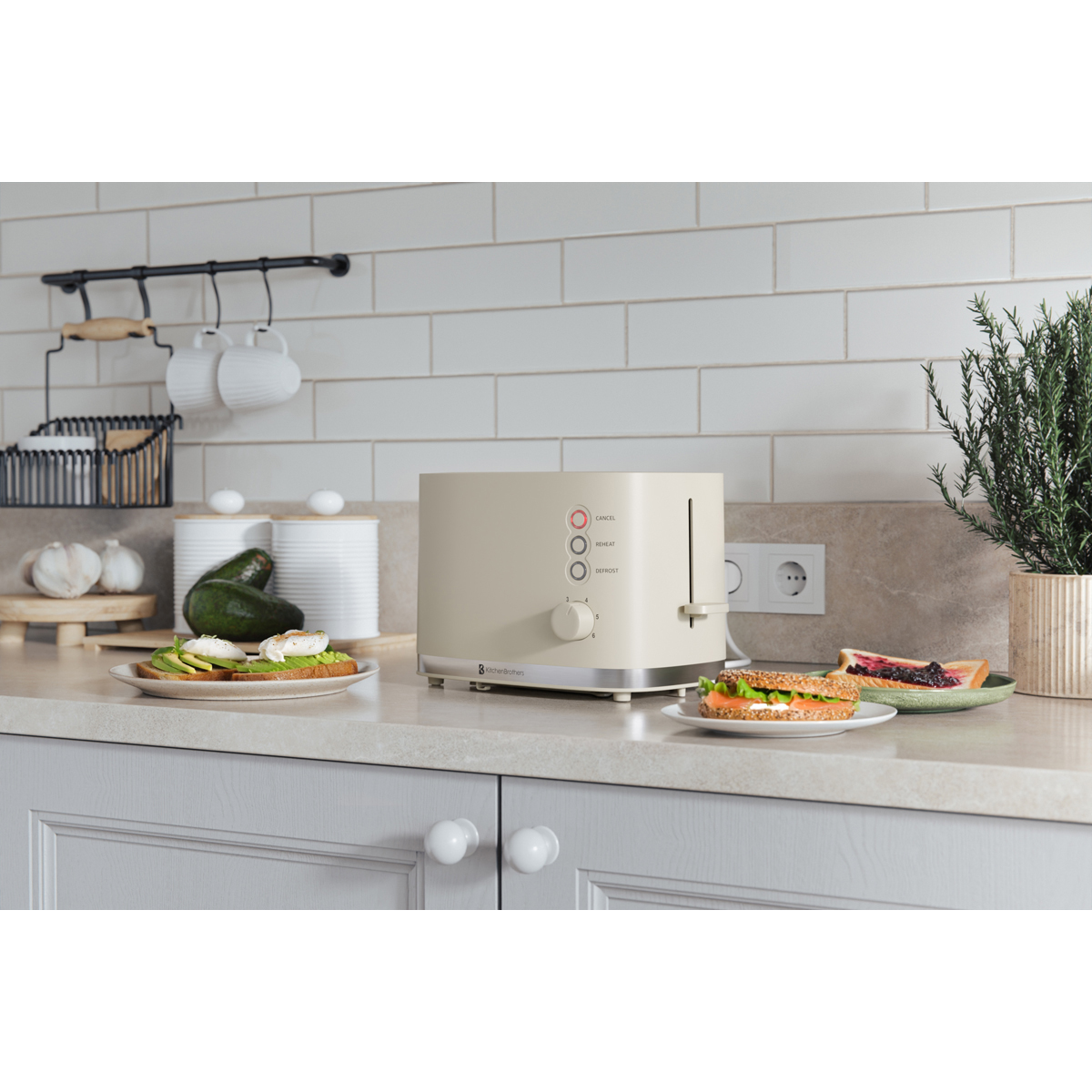 A beige toaster sits on a kitchen counter with two pieces of toast.