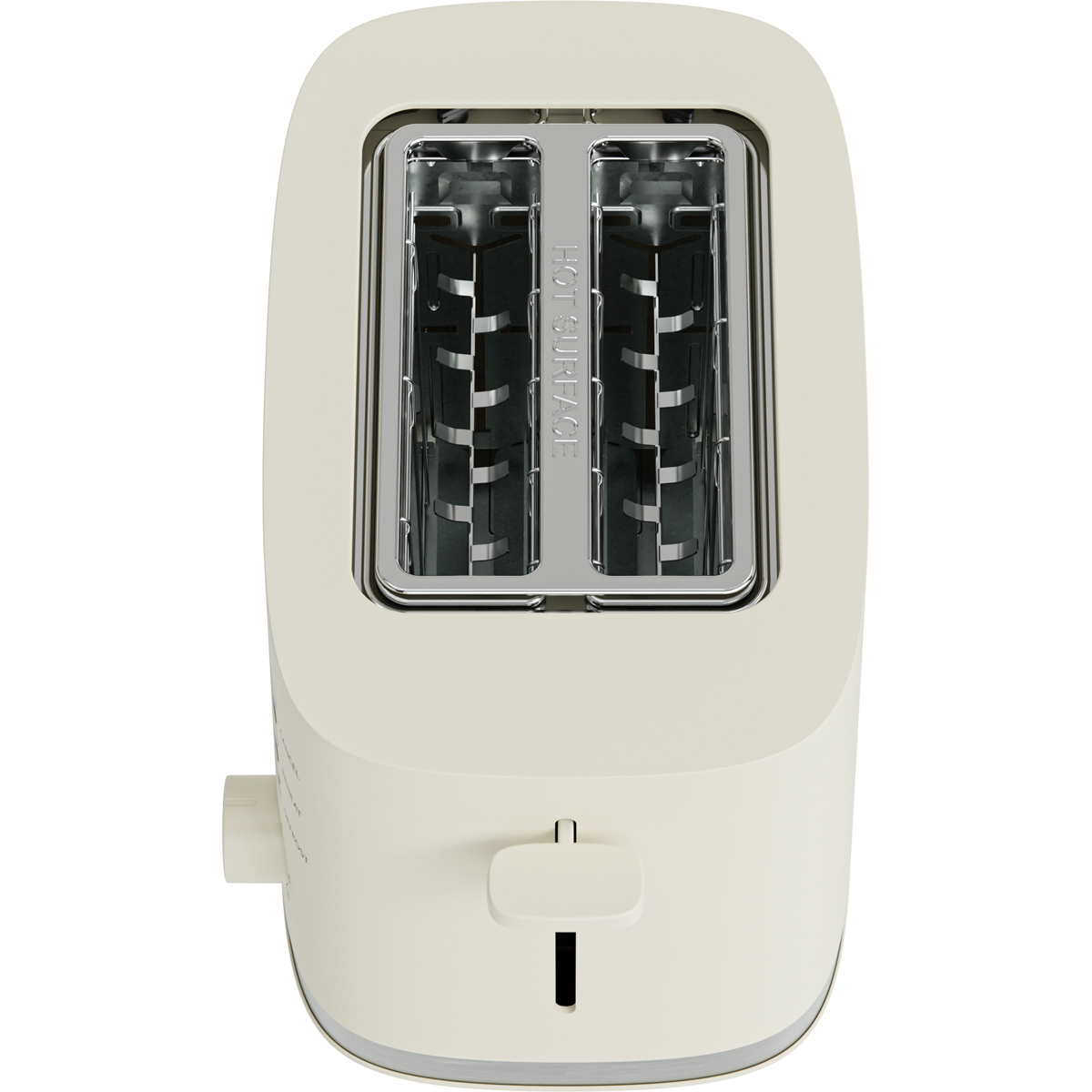 A cream-colored two-slot toaster with a lever on the side.