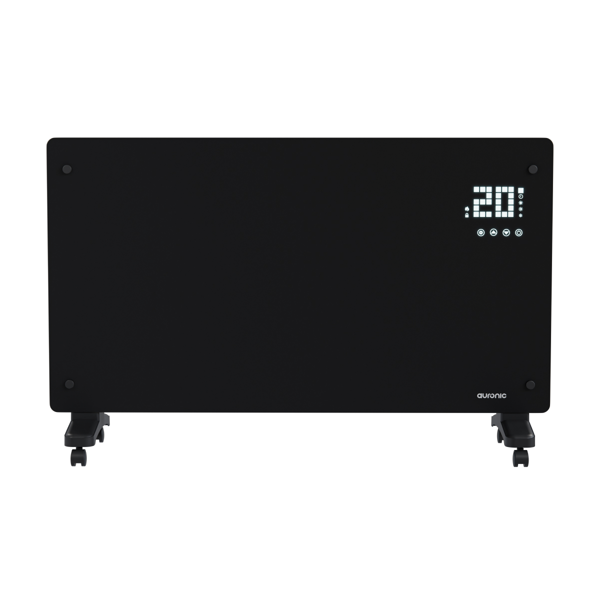 Black convector heater with wheels and digital display showing 20 degrees.