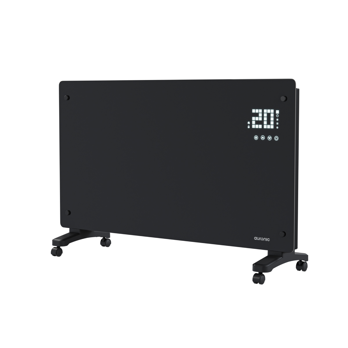 A black heater with wheels and a digital display showing 20 degrees.