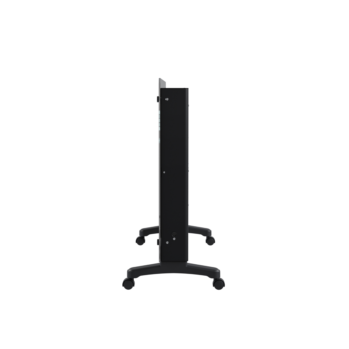 A black, wheeled device seen from the side on a white background.