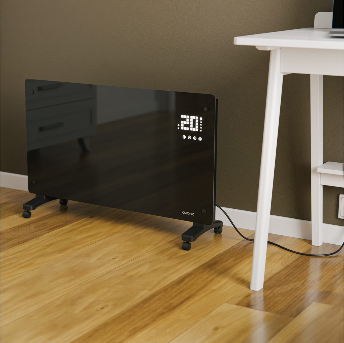 Black glass heater with wheels and digital display next to a white table.