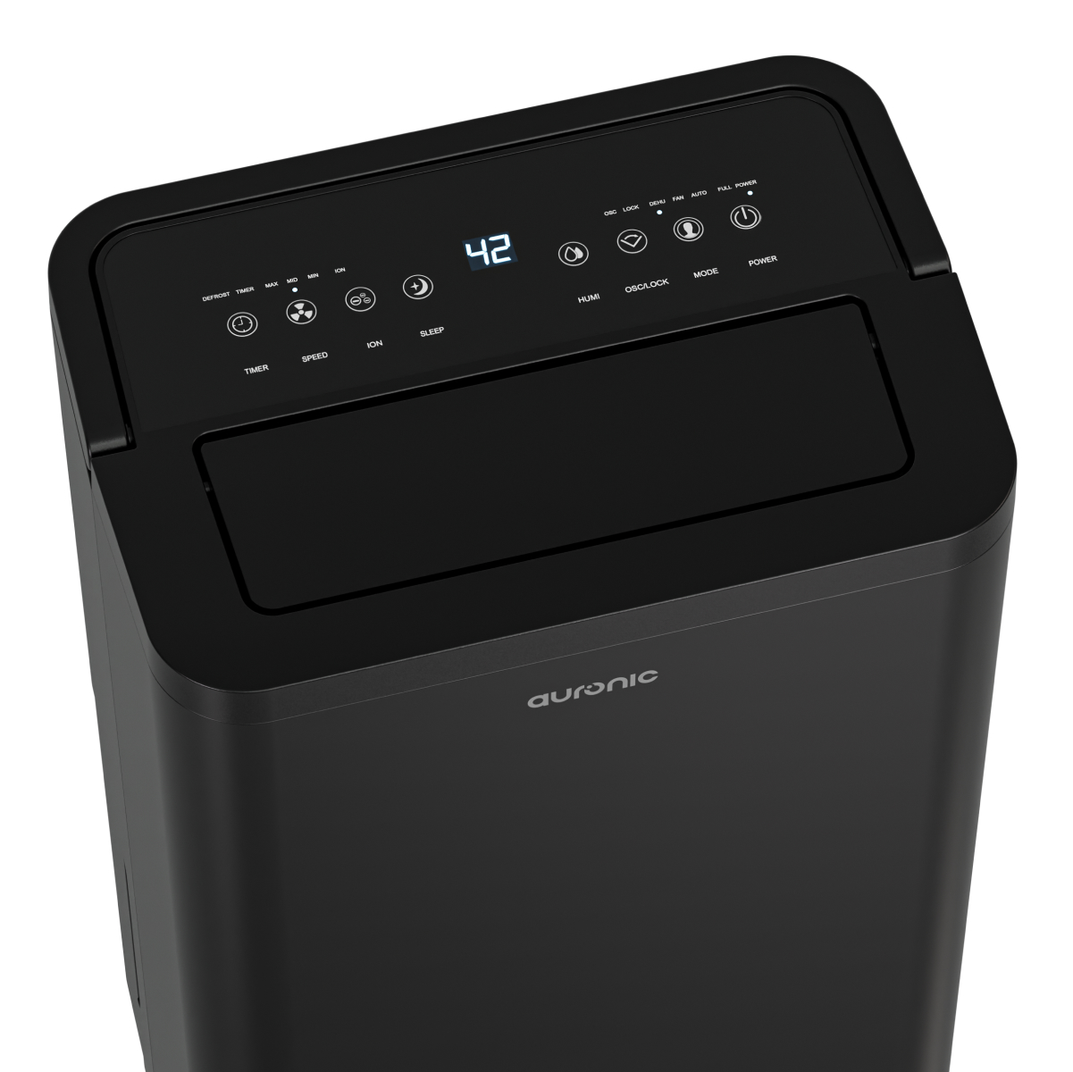 Zwarte Auronic airconditioner met digitaal display waarop 42 staat, en bedieningsknoppen.