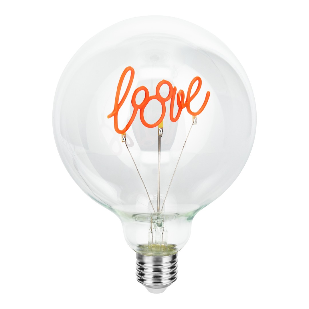 Una lampadina trasparente con la parola 'love' scritta in corsivo arancione.