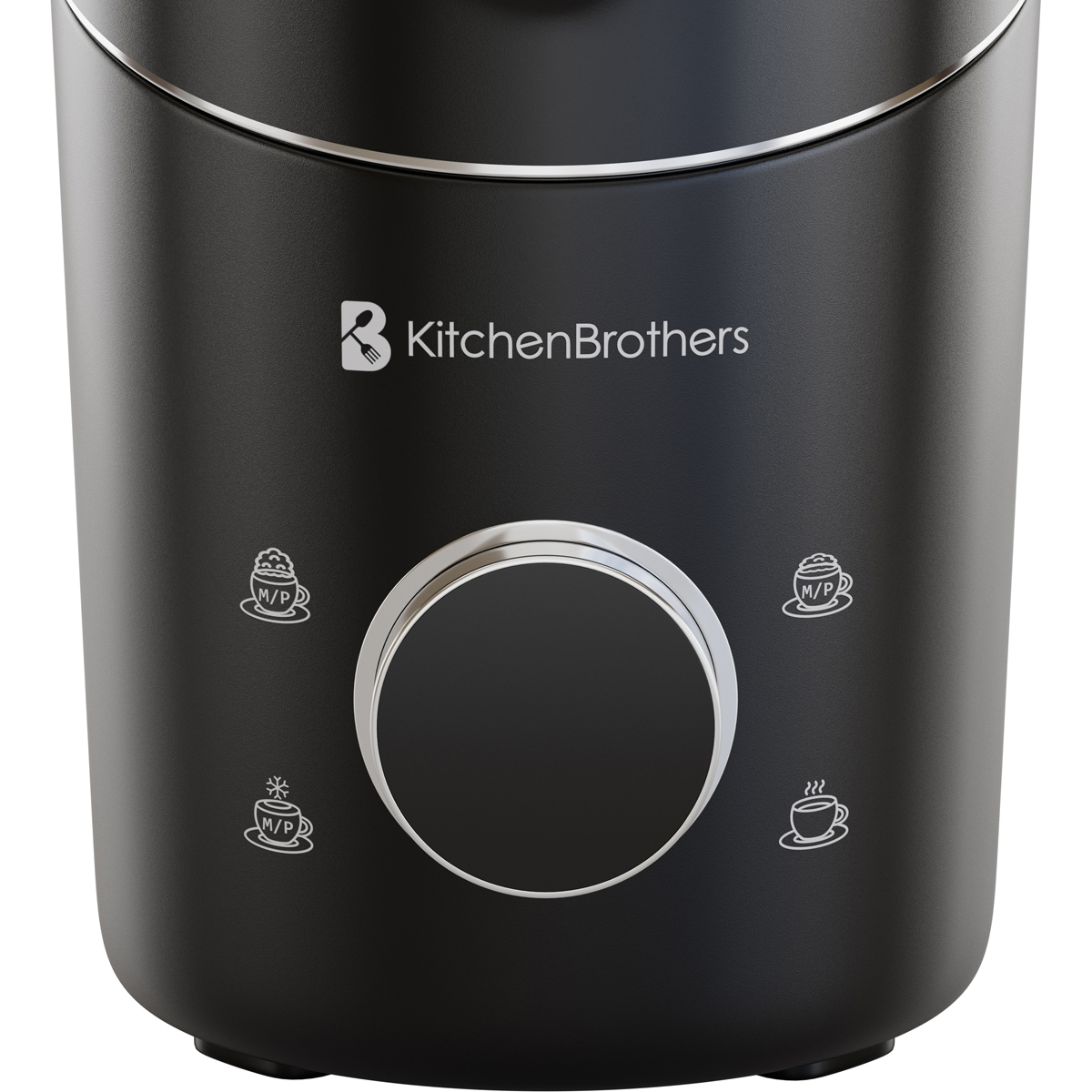 Schwarzer Küchenapparat mit Drehknopf und Symbolen für Kaffeegetränke.