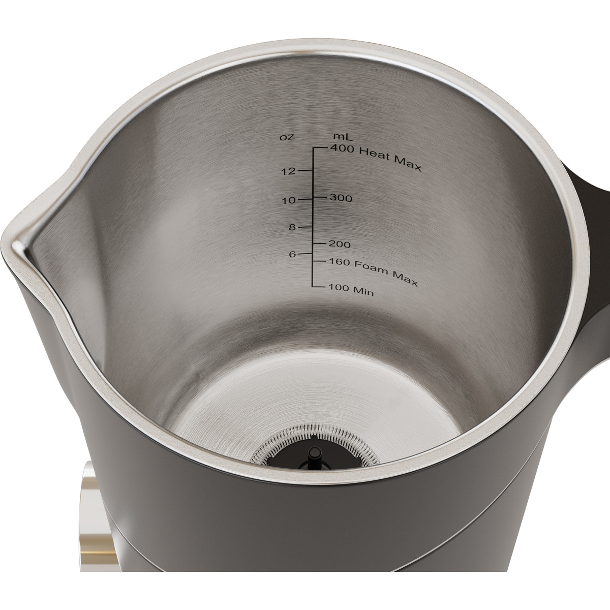Innenansicht eines Edelstahlkrugs mit Markierungen für Unzen und Milliliter.