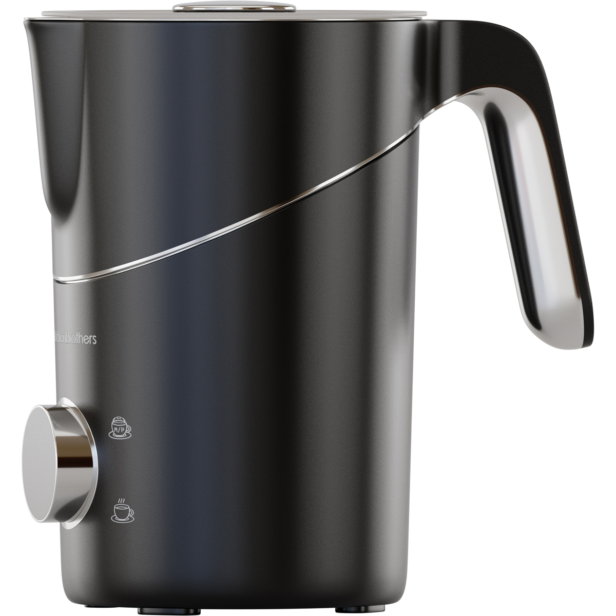 Schwarzer Wasserkocher mit silbernem Griff und Drehknopf. Symbole für Kaffee und Dampf.
