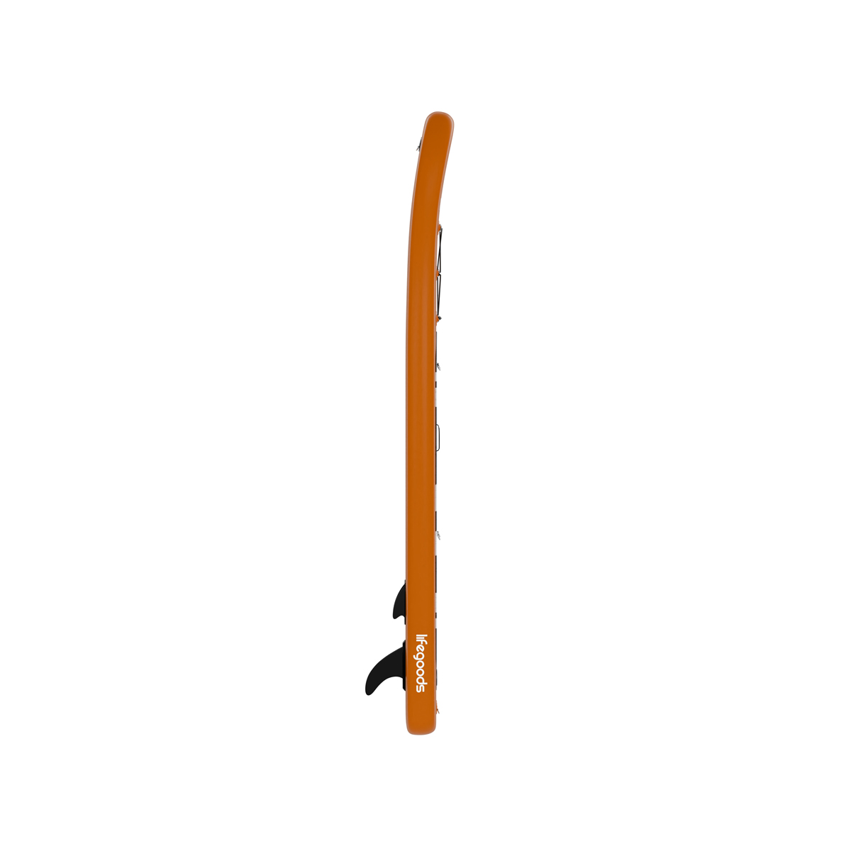 Orange aufblasbares Stand-Up-Paddleboard, Seitenansicht, unten zwei schwarze Finnen.