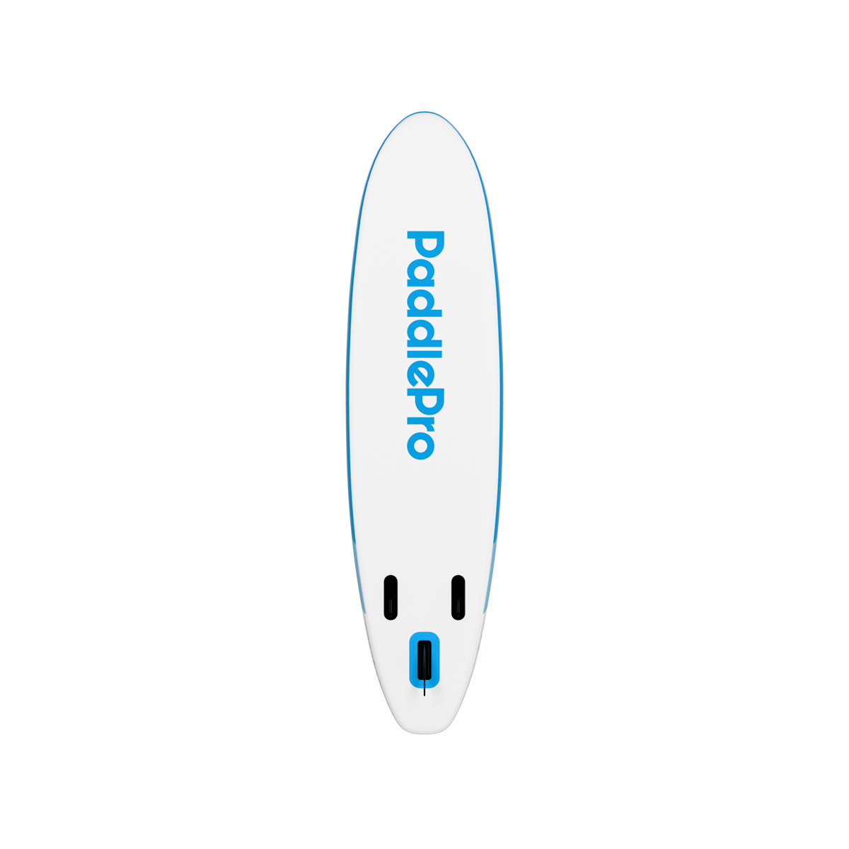 Weißes Paddleboard mit blauem Rand und Logo, mit zwei schwarzen Augen und Mund.