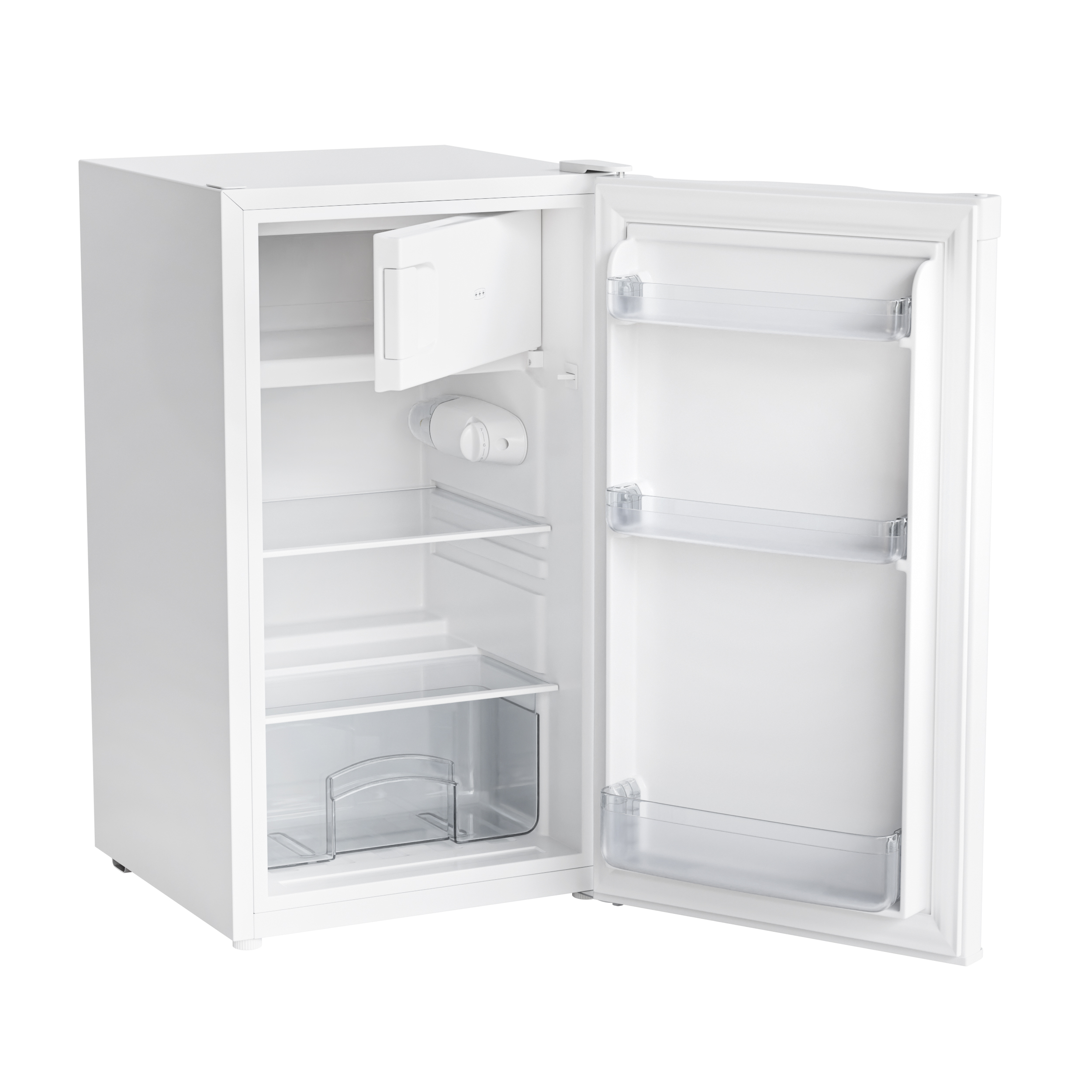 Un réfrigérateur blanc et vide, porte ouverte avec des étagères à l'intérieur.