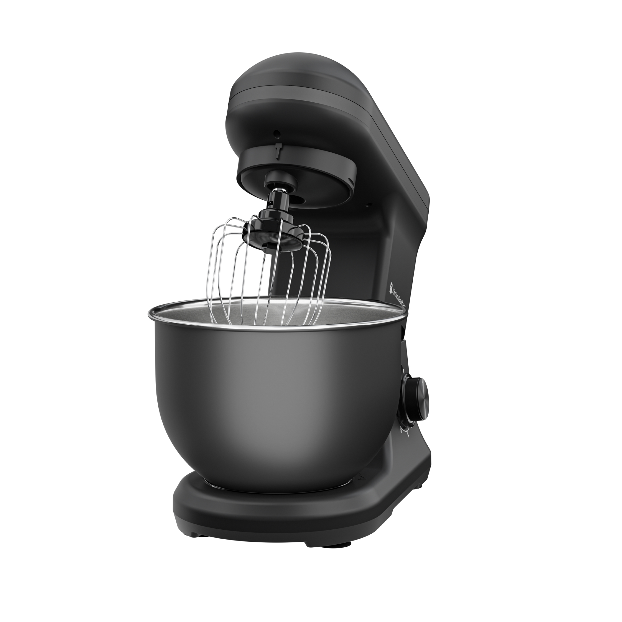 Zwarte keukenmixer met garde en roestvrijstalen kom.