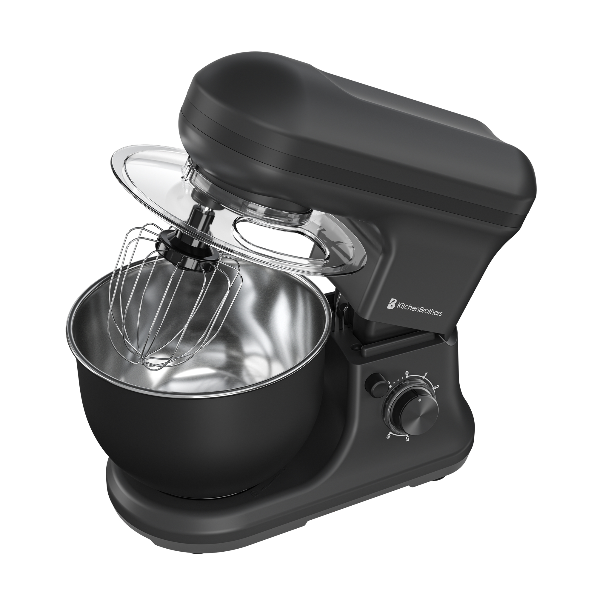 Een zwarte standmixer met mengkom en garde, op witte achtergrond.