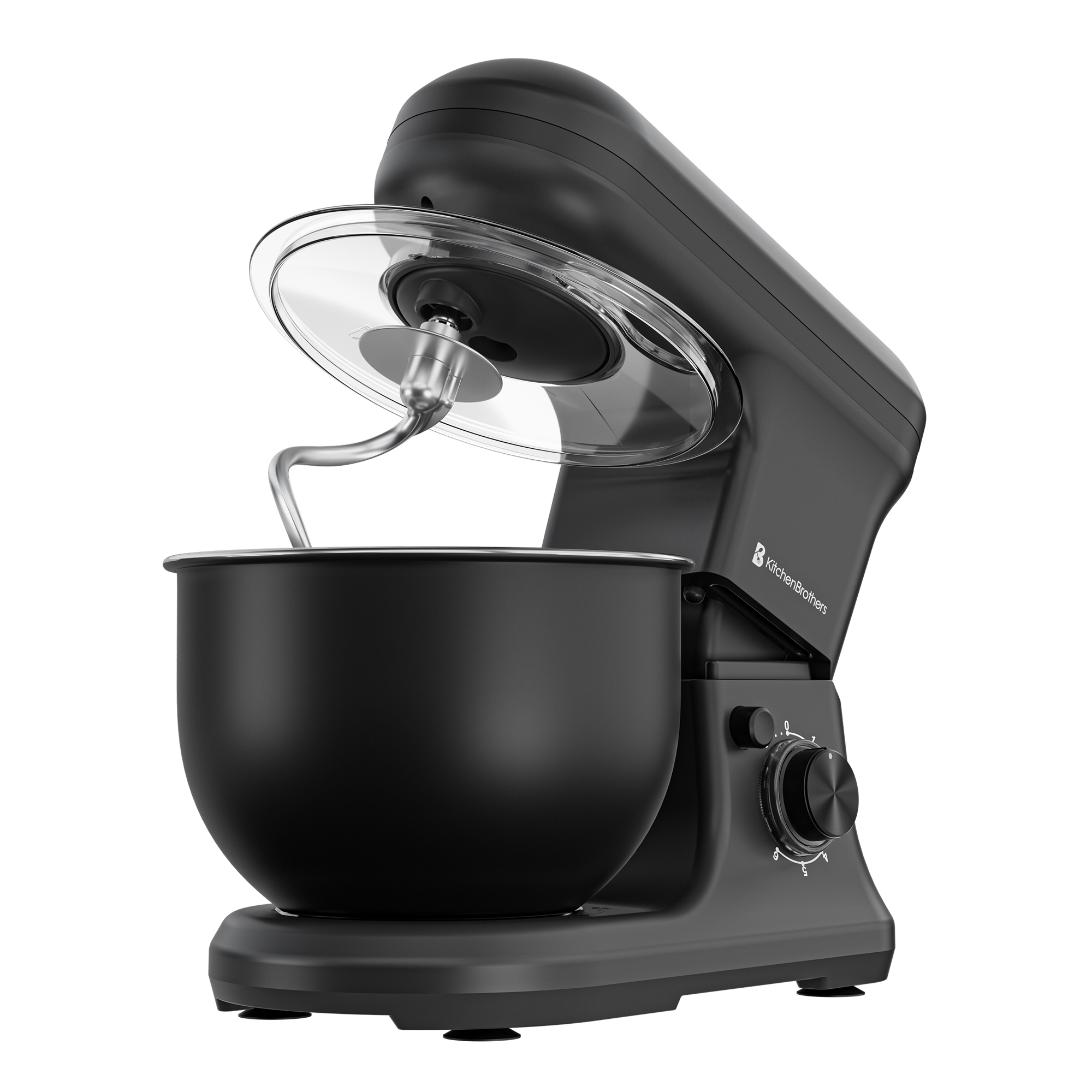 Zwarte standmixer met kom en deeghaak, vooraanzicht.
