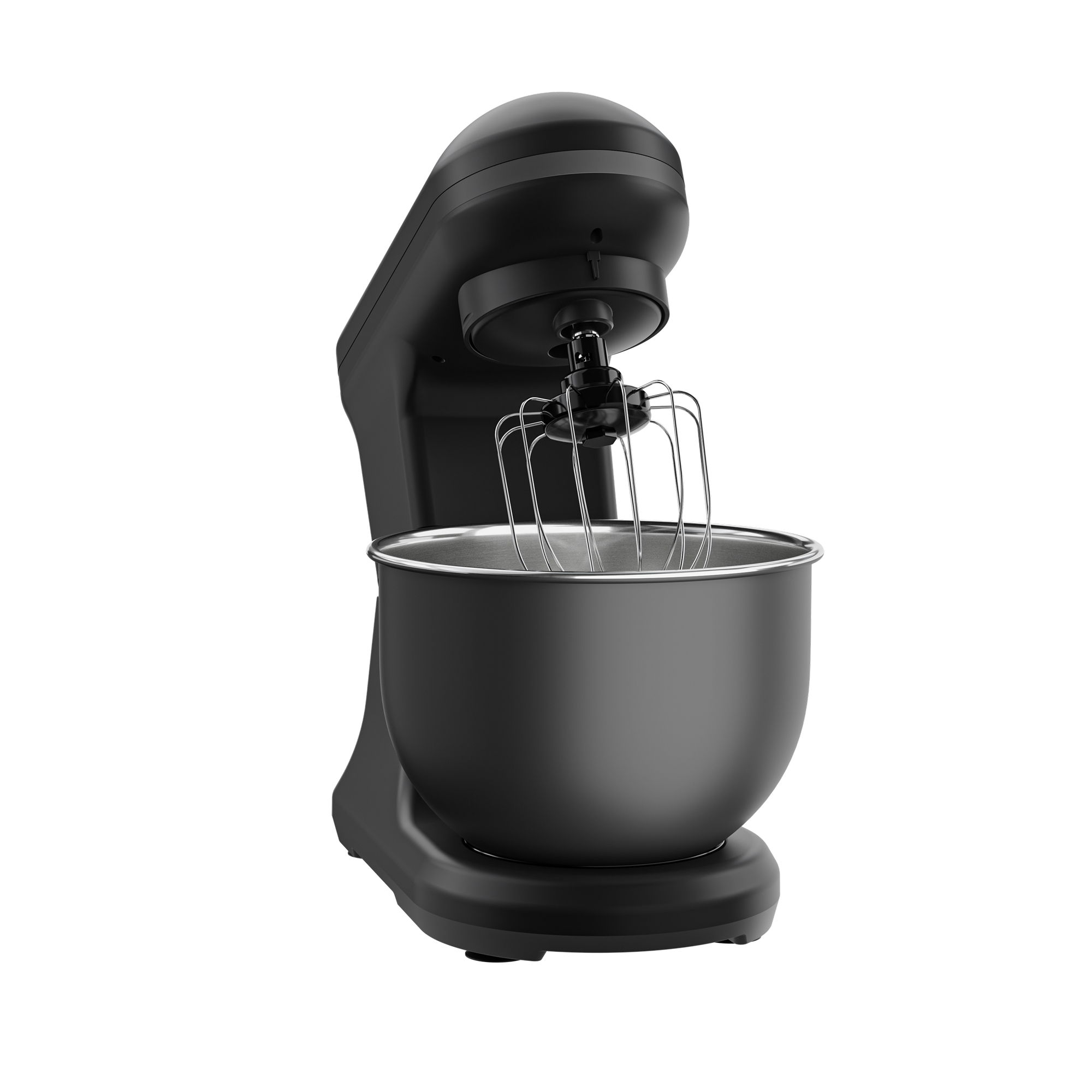 Zwarte standmixer met roestvrijstalen garde en kom, op witte achtergrond.