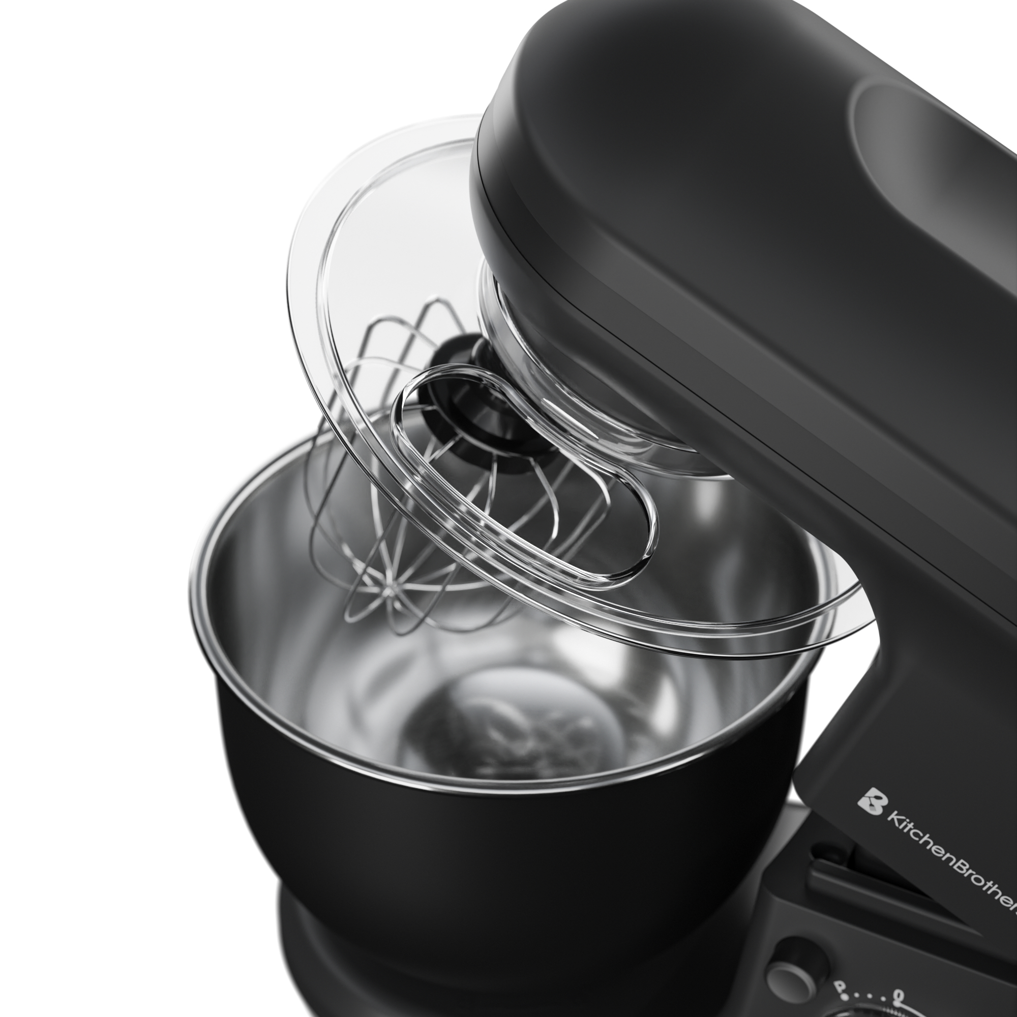 Een zwarte standmixer met een roestvrijstalen kom en garde.