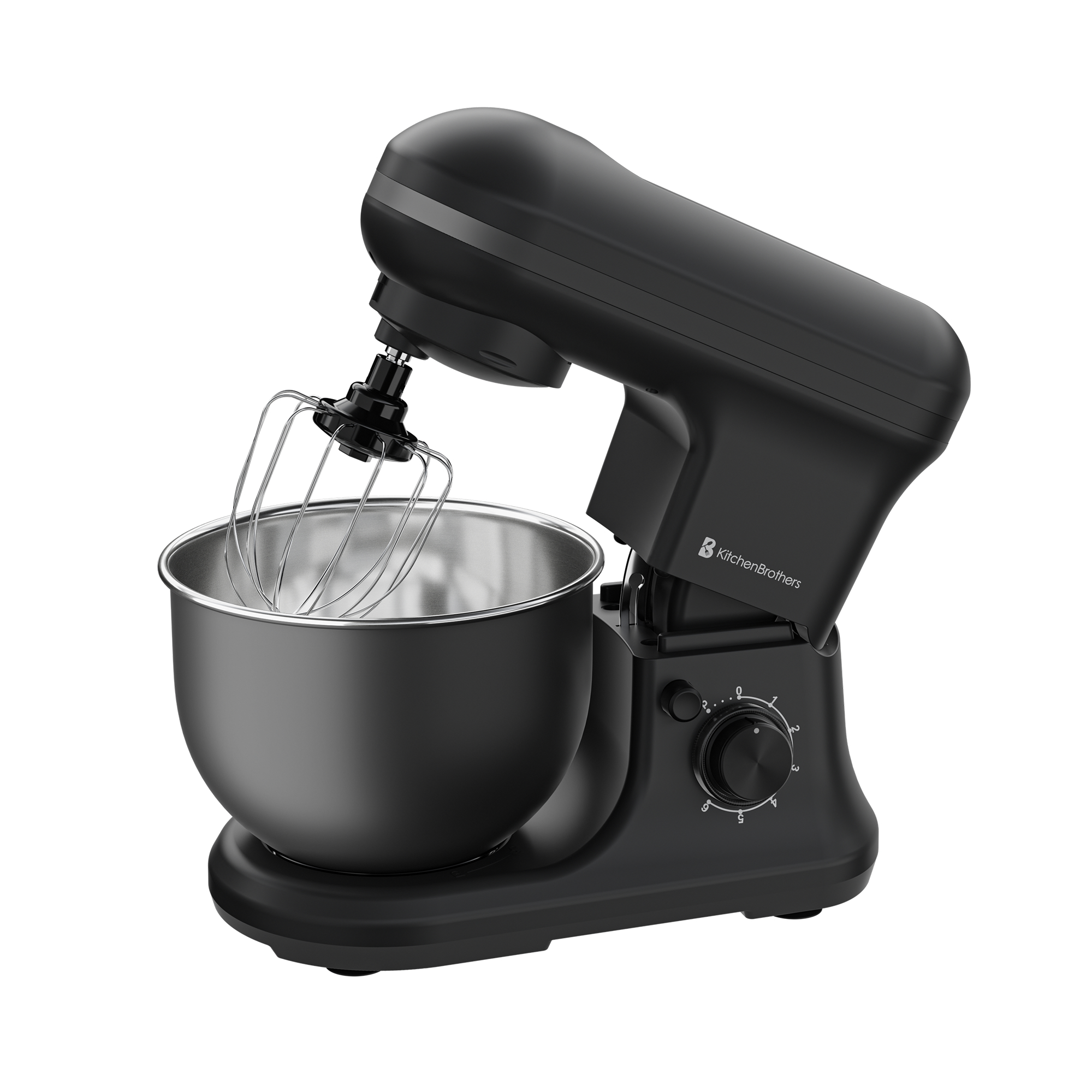 Een zwarte standmixer met een roestvrijstalen kom en garde.