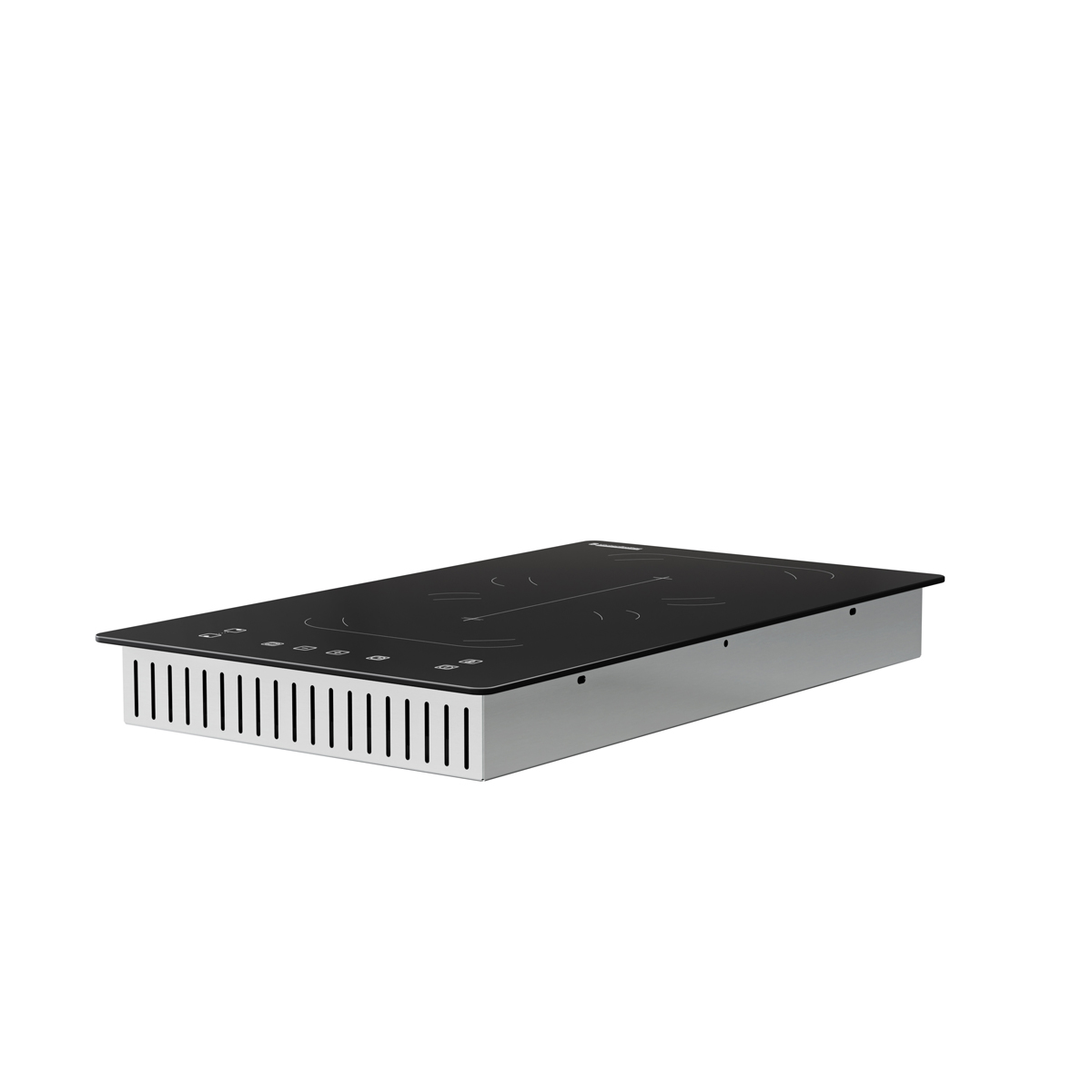 A black induction cooktop with a silver housing and touch controls.