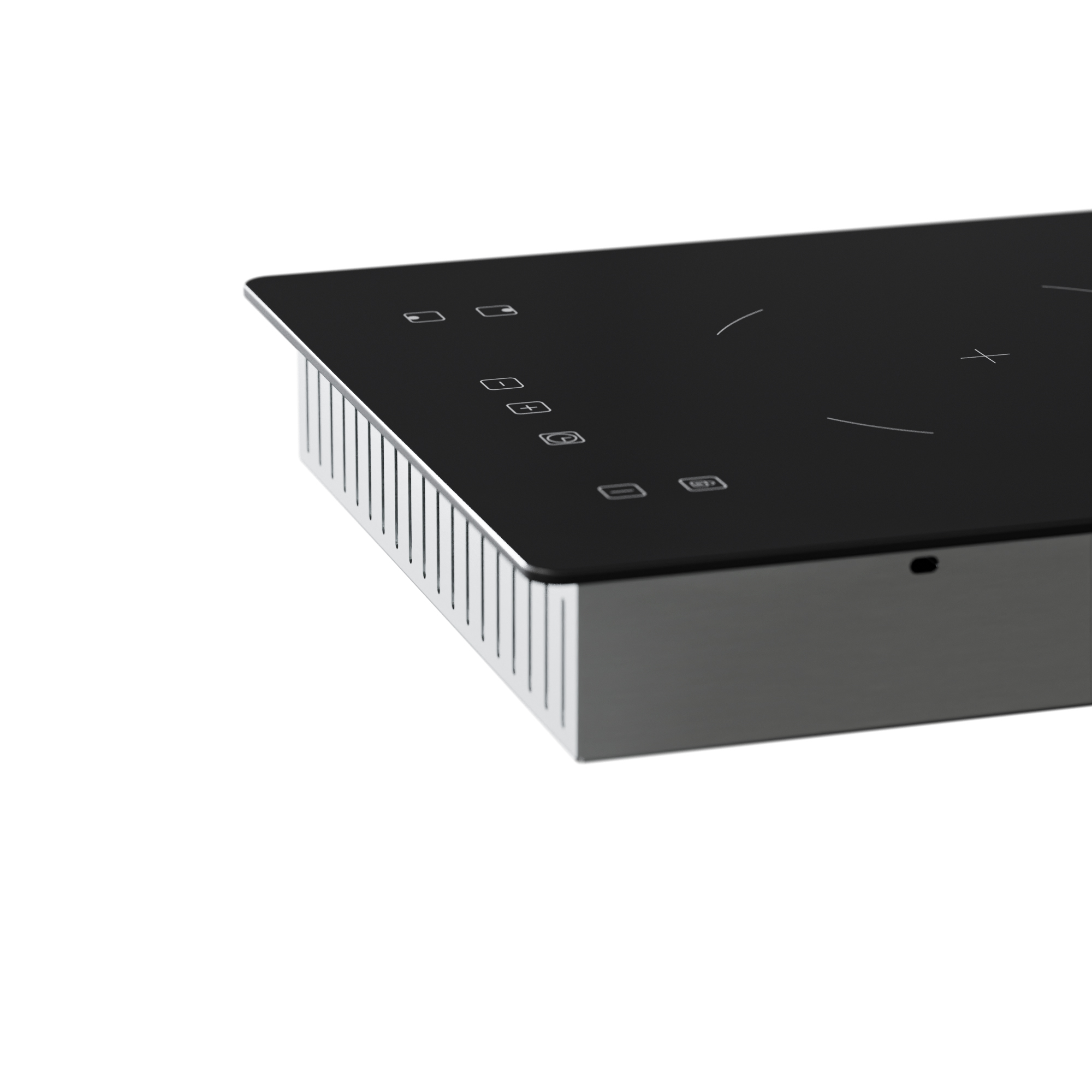 Black induction hob with touch controls and ventilation slots on the side.
