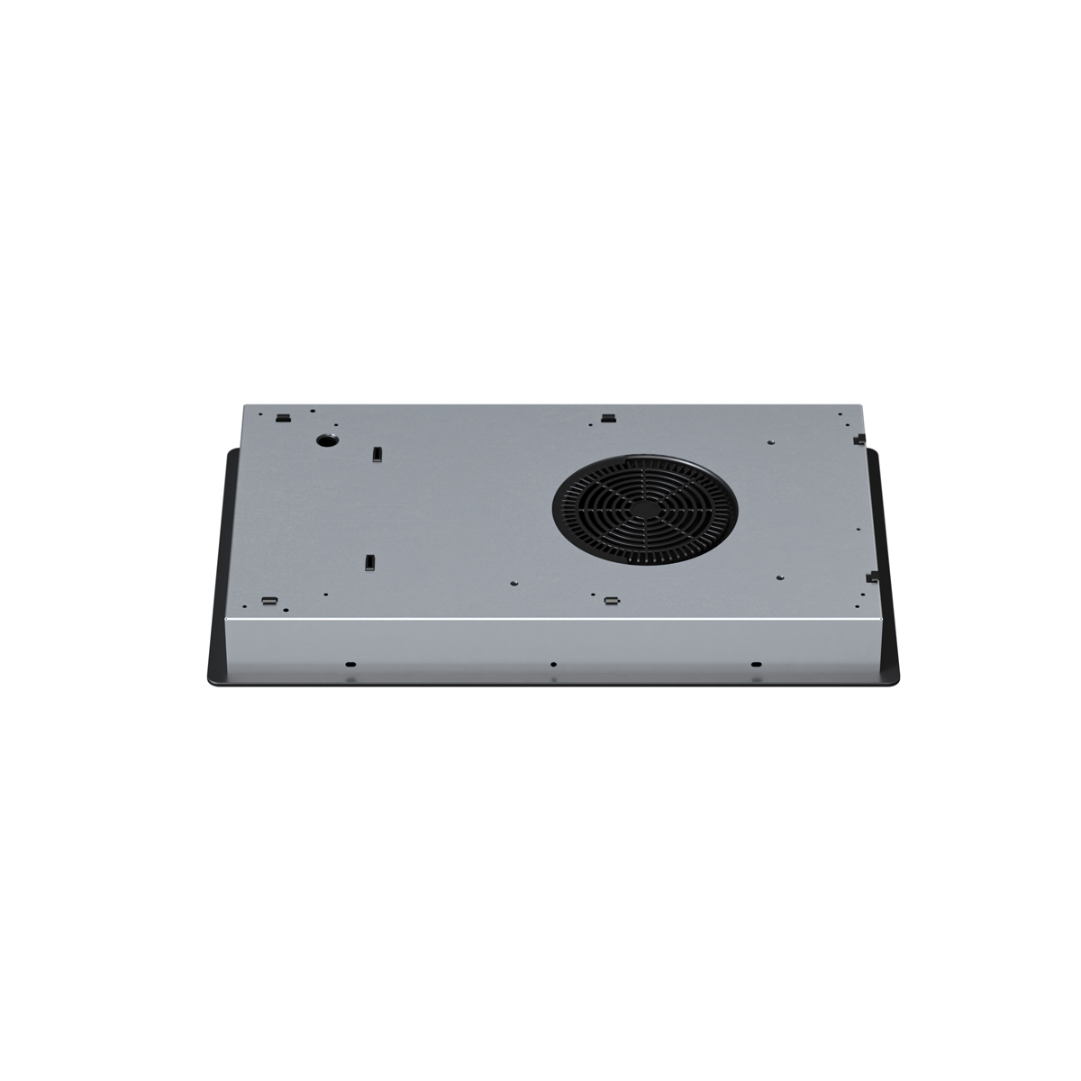 Underside of a cooktop with a fan grille and metal casing.