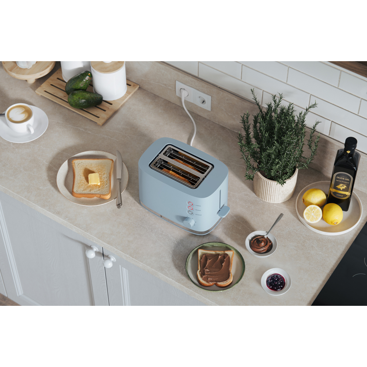 A blue toaster with toast, butter, chocolate spread, and berries on a kitchen counter.