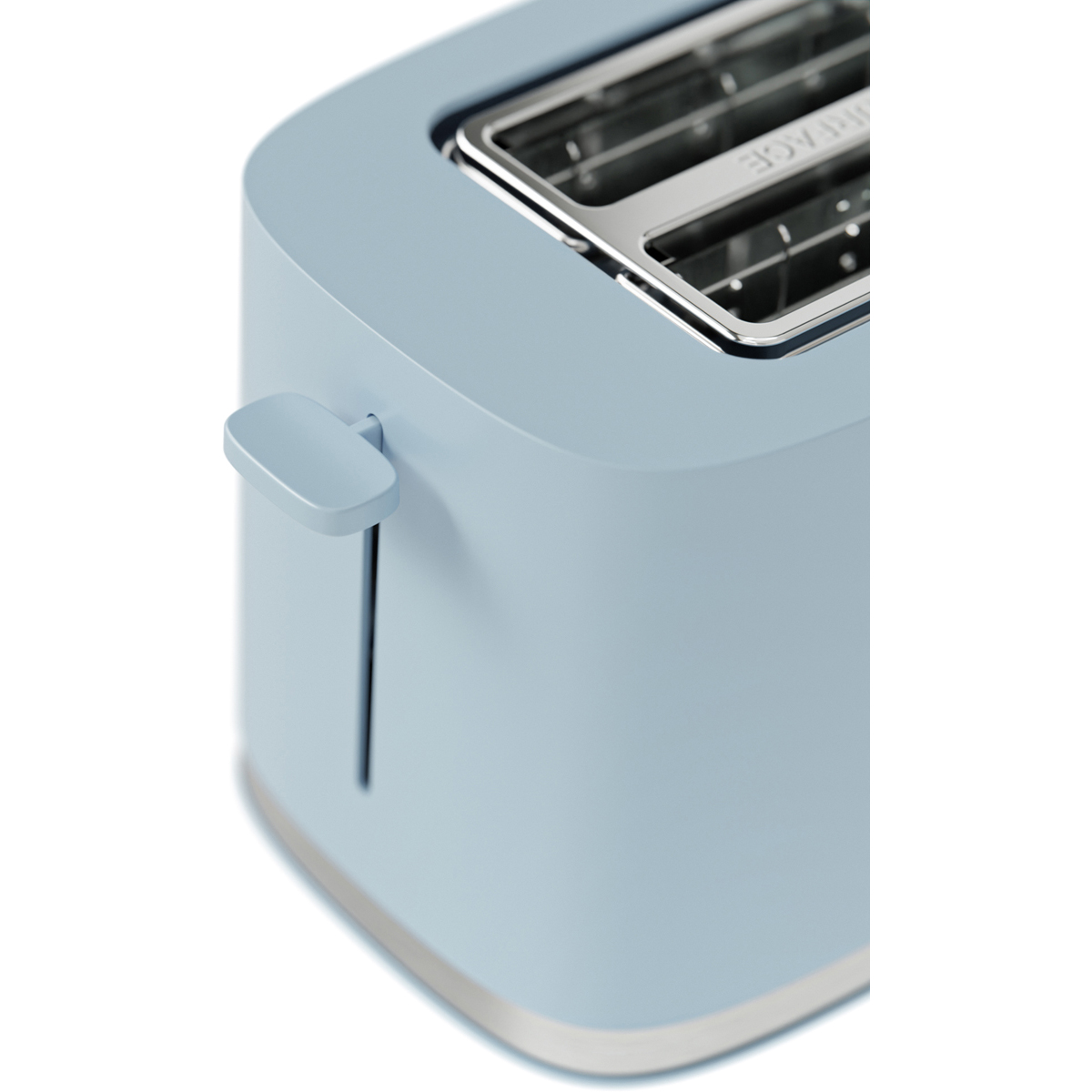 A light blue toaster with a silver trim and a lever.