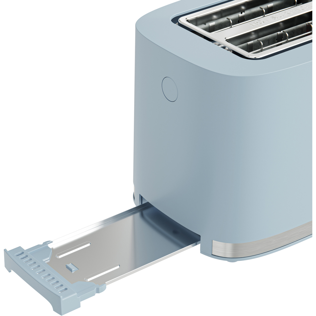 A light blue toaster with a chrome trim and a pull-out crumb tray.