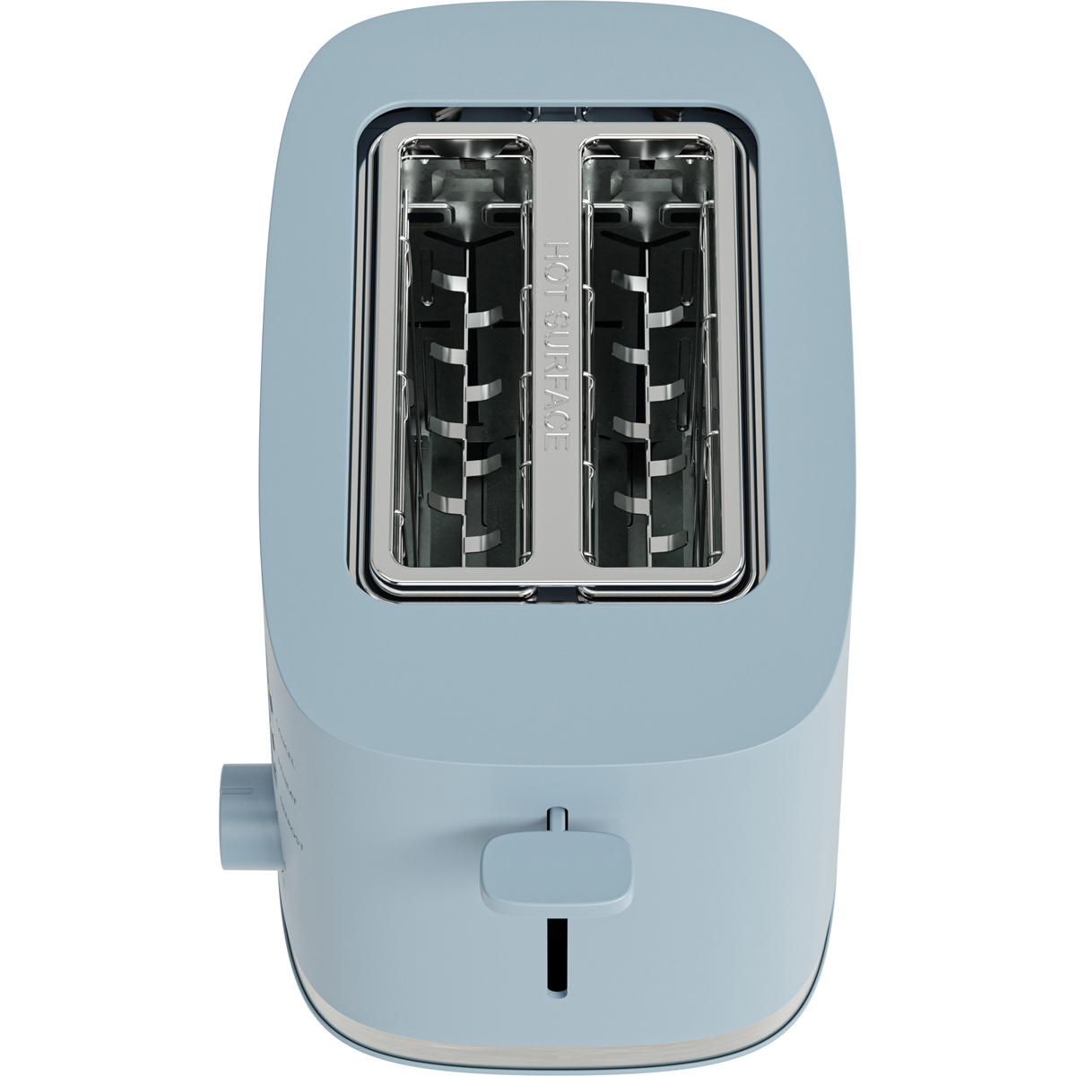 A blue two-slot toaster with a lever on the side.