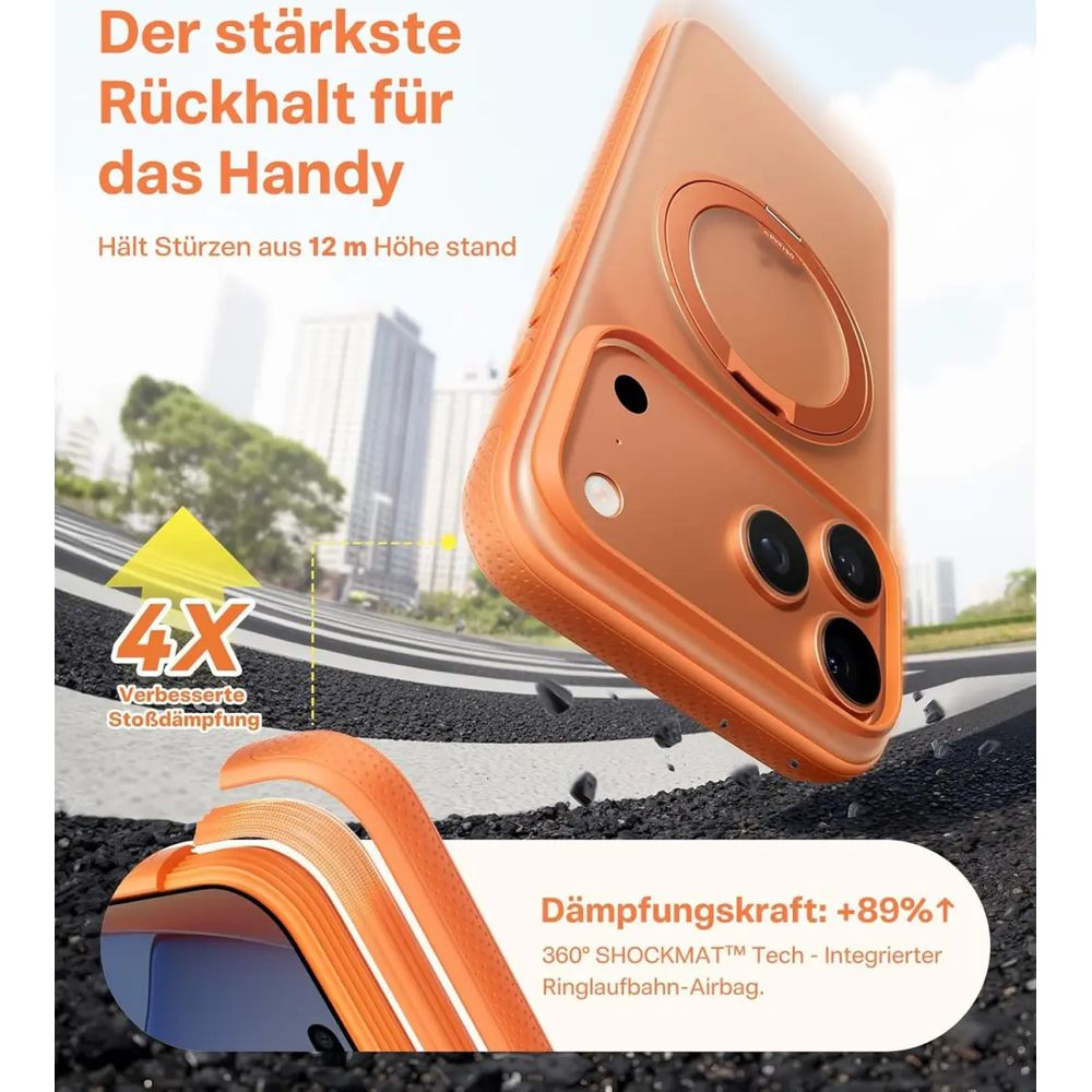 Funda de teléfono naranja con anillo y gráfico de absorción.