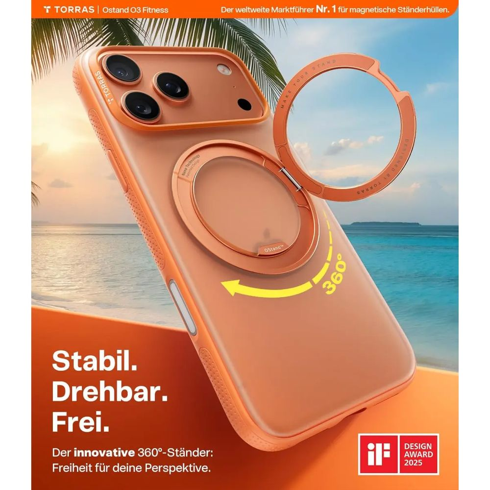 Una funda de teléfono naranja con anillo giratorio de 360° sobre fondo de playa.