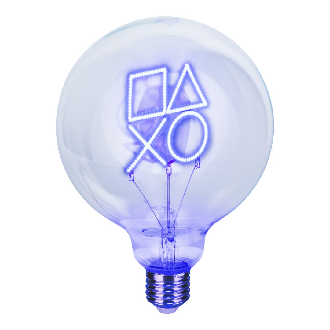 Eine durchsichtige Glühbirne mit blauen Playstationsymbolen im Inneren.
