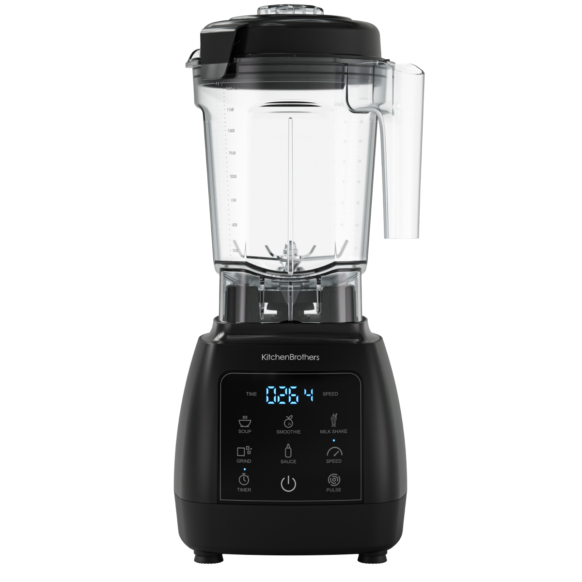 A black KitchenBrothers blender with a transparent jug sits on a white background. It has a digital display.