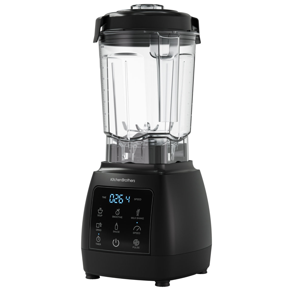 A black KitchenBrothers blender with a clear jug sits on a white background.