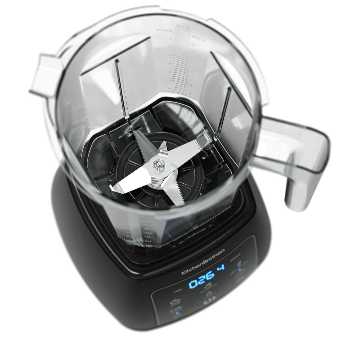 Close-up overhead view of a black blender with a clear pitcher and silver blades.