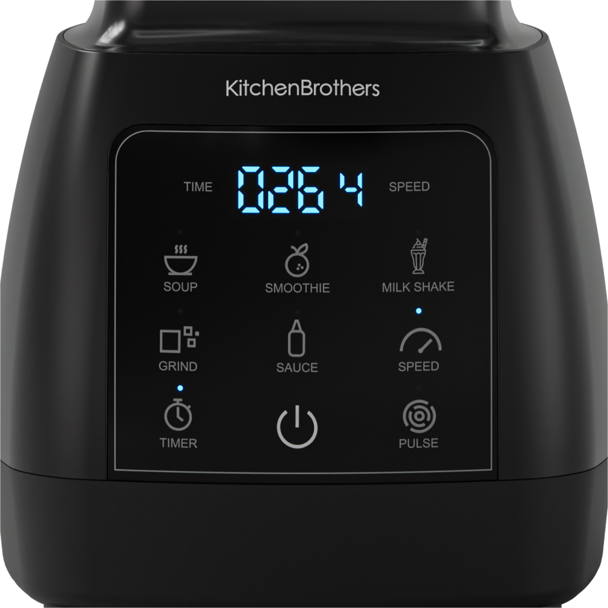 Black kitchen blender with digital display for time and speed settings.