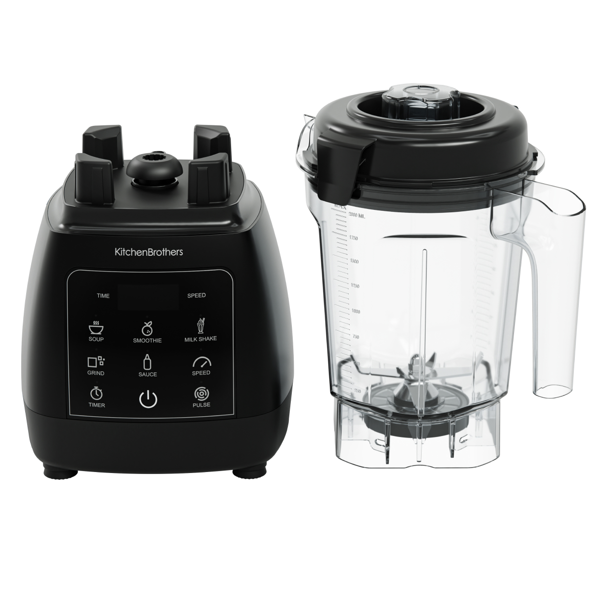 Black blender base with digital display and clear pitcher with lid. Icons for soup, smoothie, milk shake.