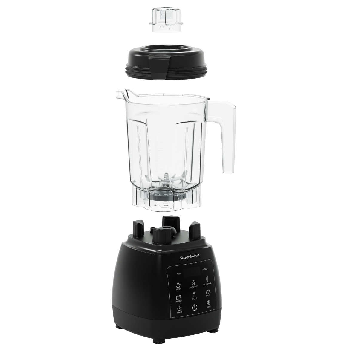 Black blender base with controls, clear jug, black lid, and clear cap.
