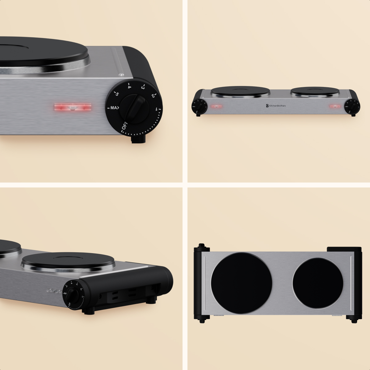 A silver double hot plate with black burners and control knobs, with red indicator lights.