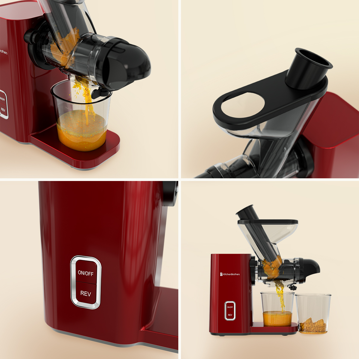 A red juicer extracts juice into a glass as pulp falls into a second glass.