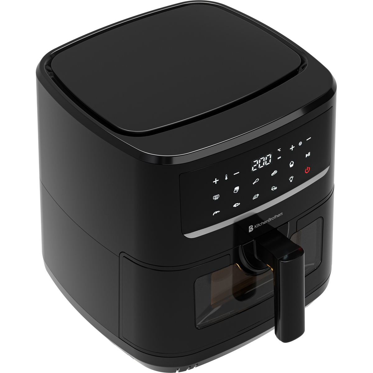 Black air fryer with digital display and handle.