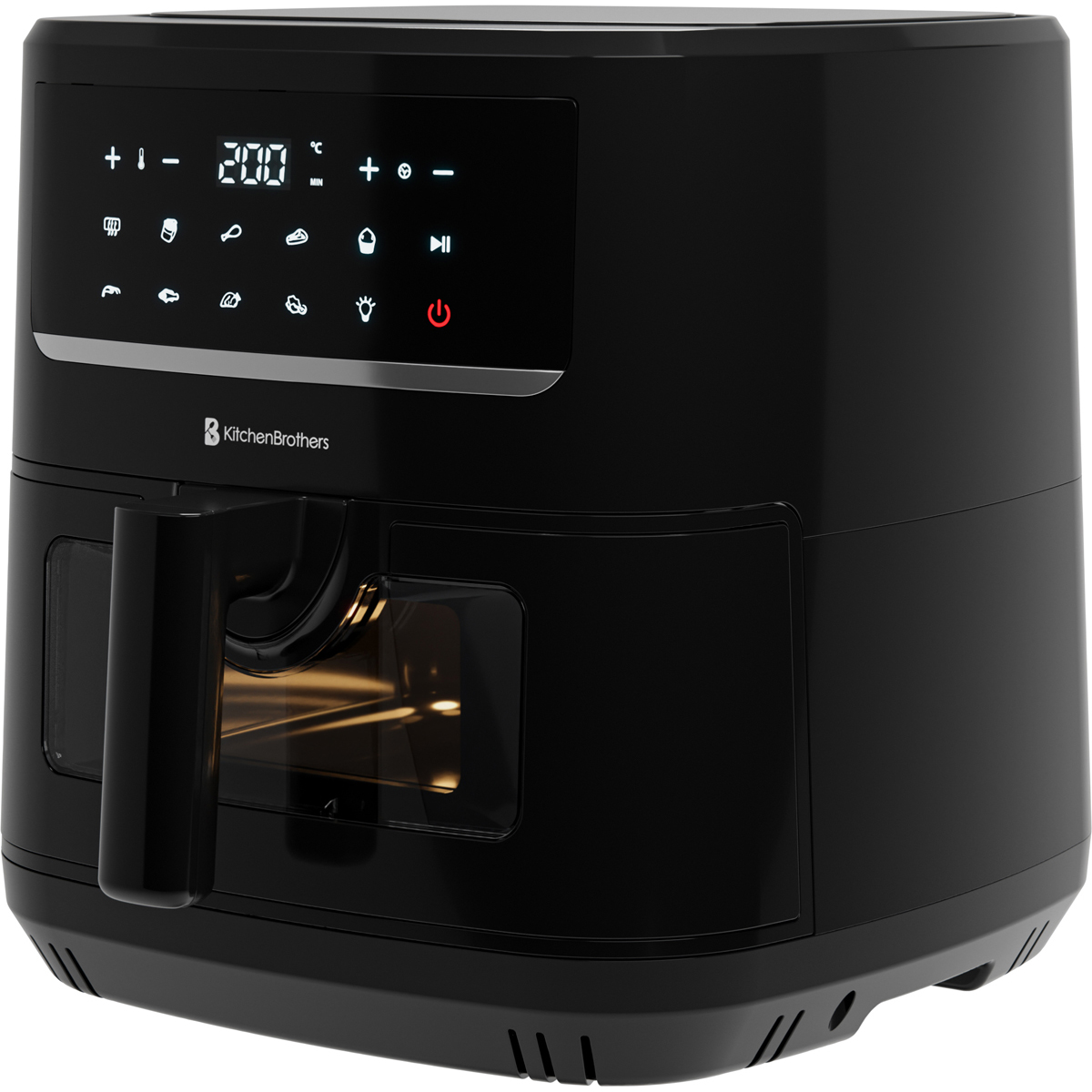 Black air fryer with digital display, handle, and viewing window.