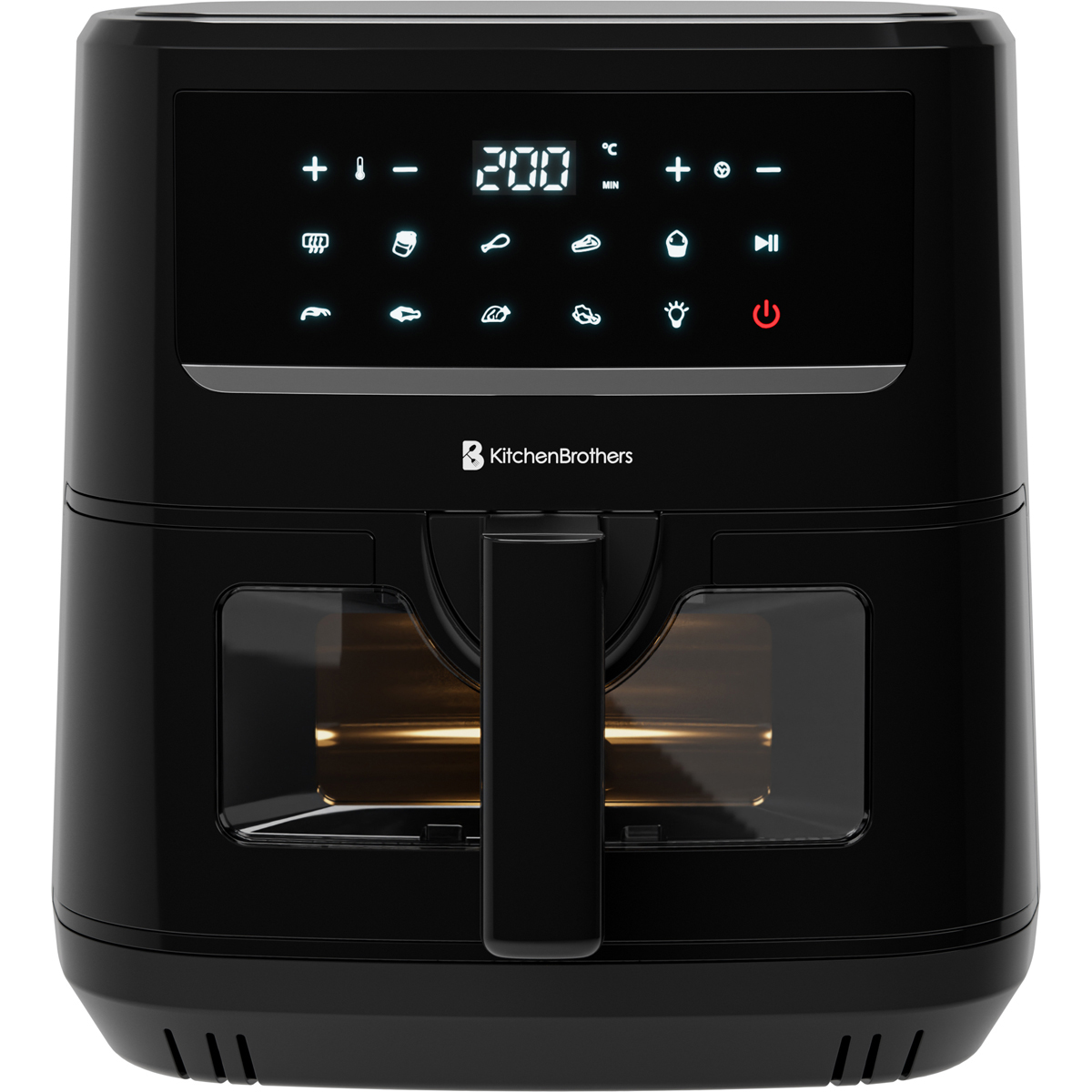 Black KitchenBrothers air fryer with digital display showing 200°C and various icons.