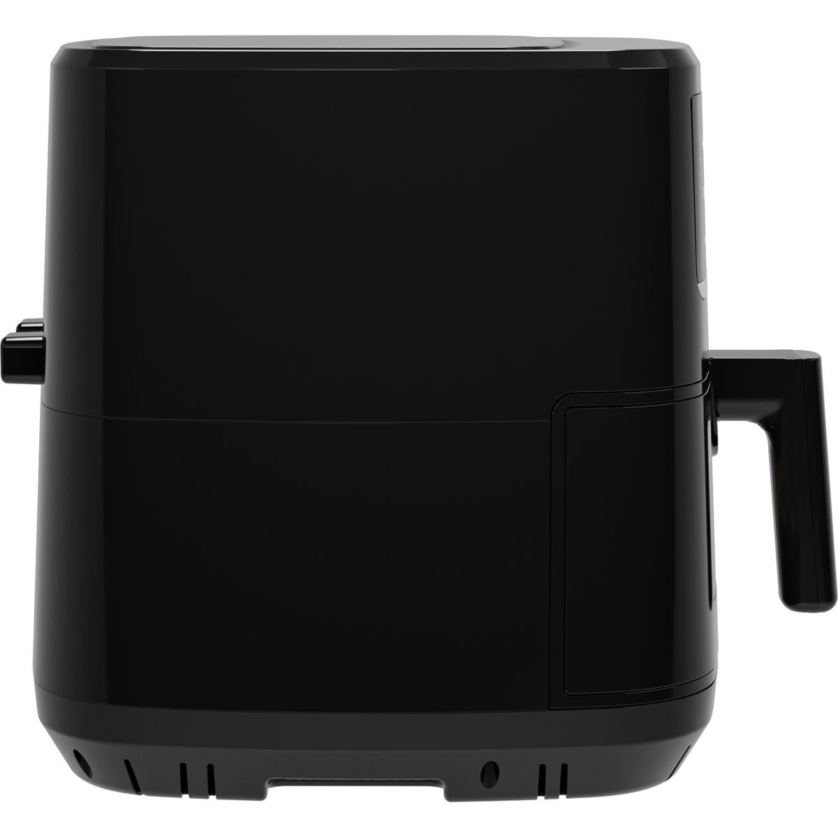 Black air fryer in side profile, showing handle and controls.