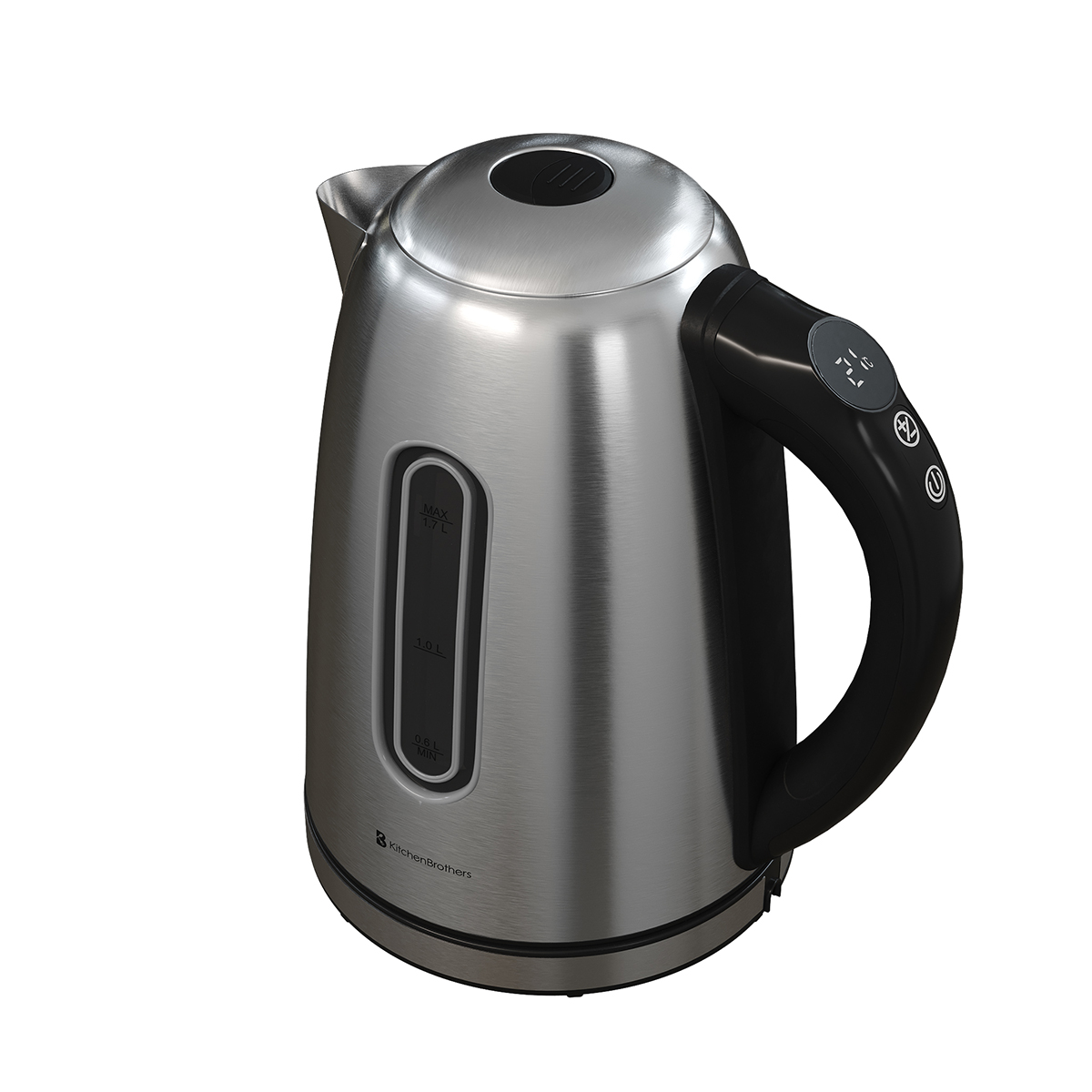 Edelstahl-Wasserkocher mit schwarzem Griff und digitaler Anzeige.