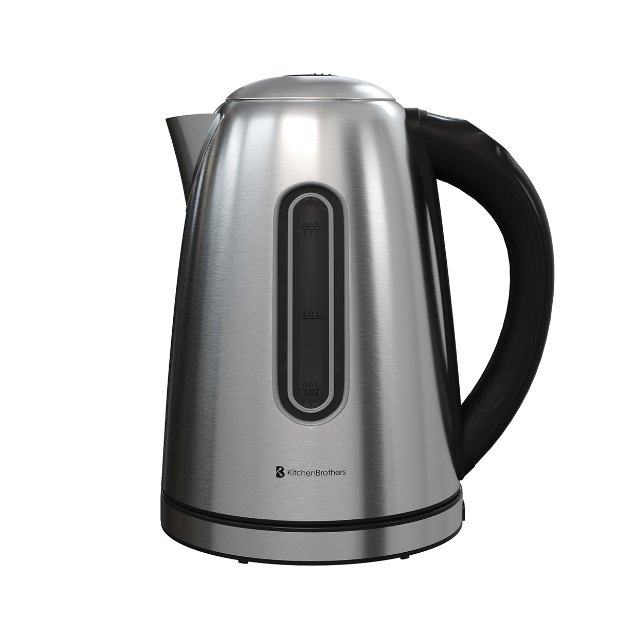 Ein silberner Wasserkocher mit schwarzem Griff und Wasserstandsanzeige.