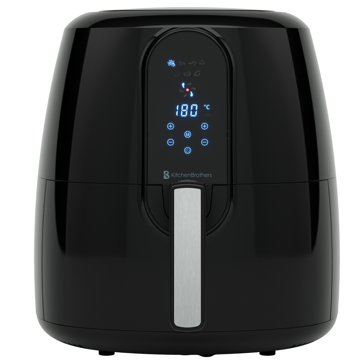Black KitchenBrothers air fryer with digital display showing 180C.