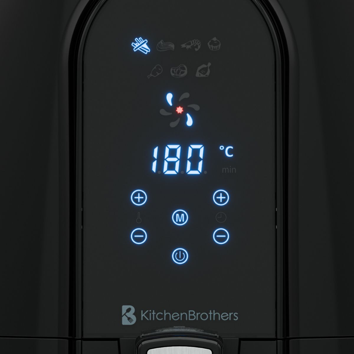 Digital display of a kitchen appliance showing 180°C and menu icons.