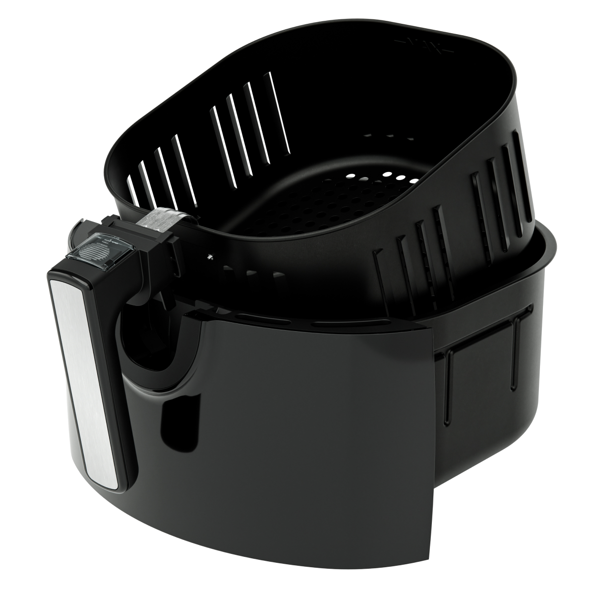 A black air fryer basket with handle