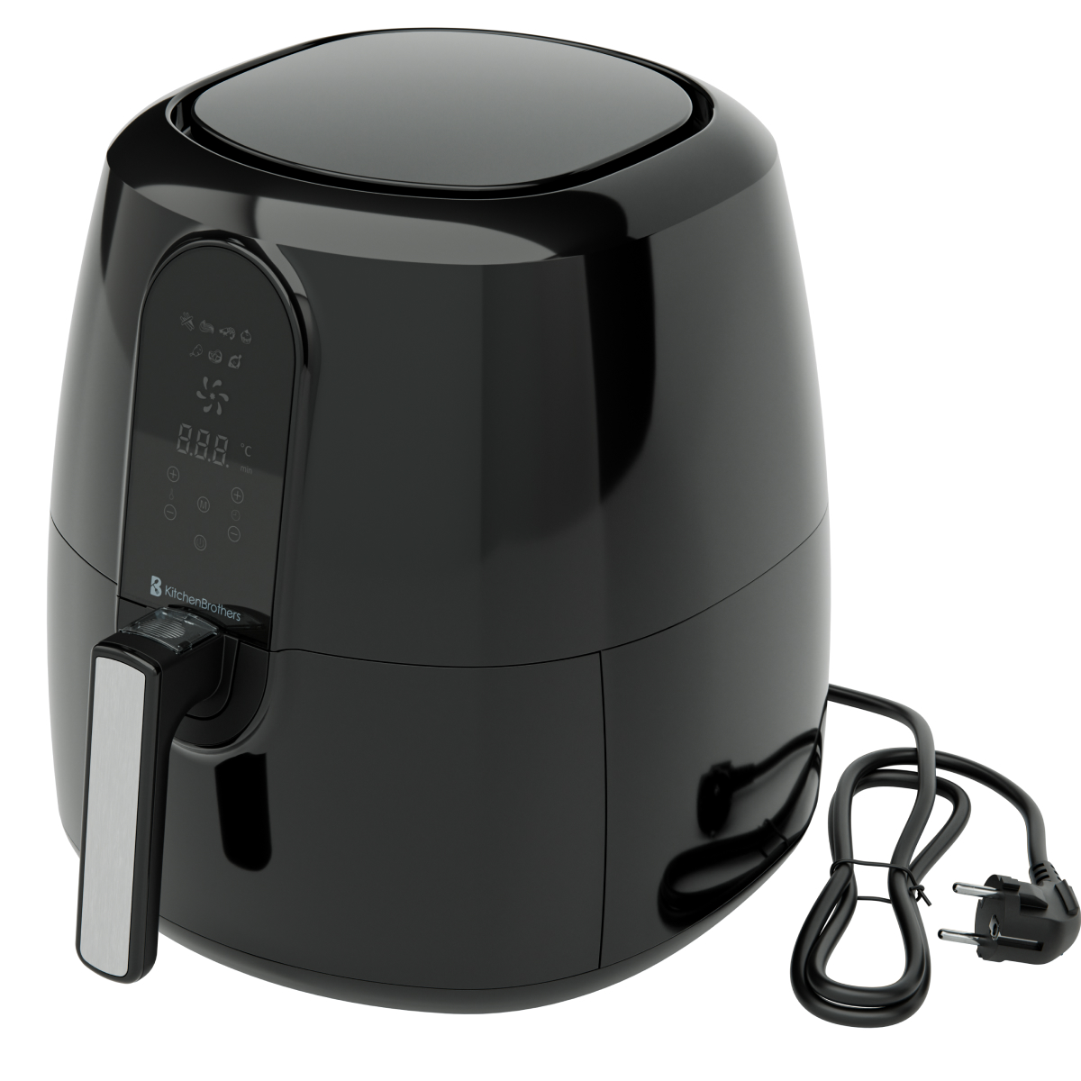 A black KitchenBrothers air fryer with a digital display and a silver handle.